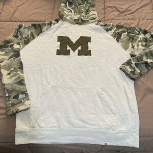 Colosseum Michigan White Hoodie with Camo Raglan Sleeves and Olive M
